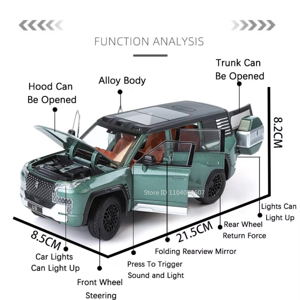 1:24 Scale BYD YangWang U8 Model SUV Car Toys Alloy Diecast Pull Back Doors Opened Shock Absorption Off-road Vehicle Ornaments