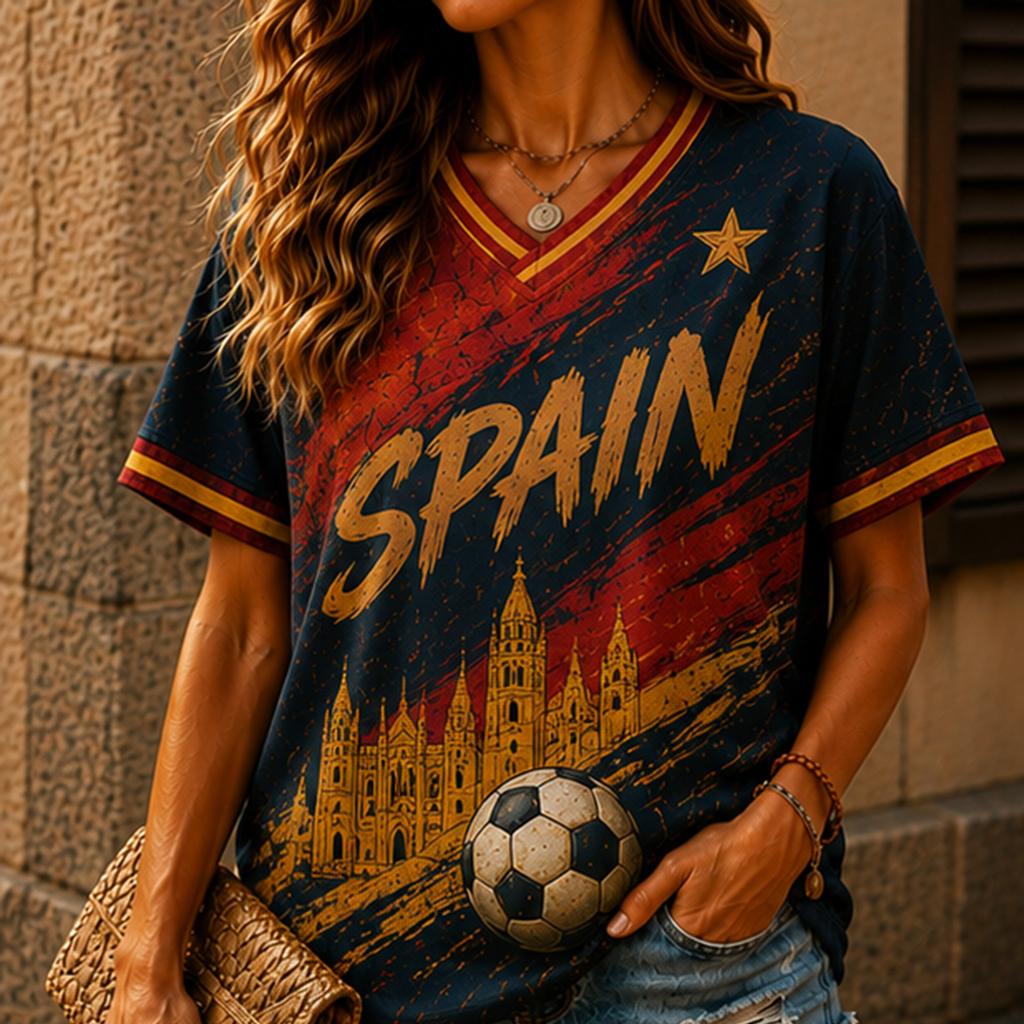 Women V Neck Short Sleeve T Shirt with Stadium Soccer Print Casual Loose Fit Style Top