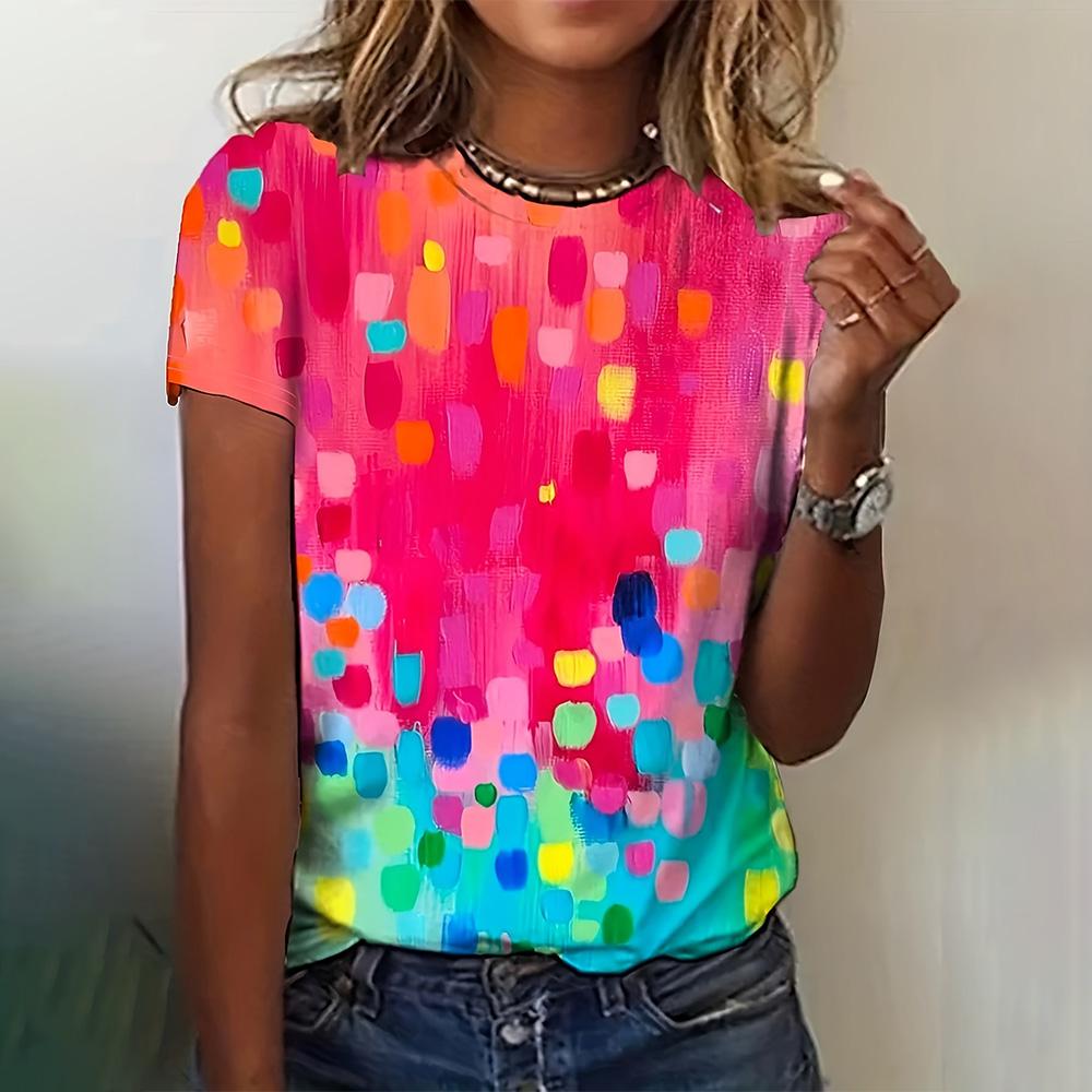 Women's Fashion T-shirt Loose Comfortable Short Sleeve Abstract Printed Round Neck Casual Clothing Women's Party T-shirt