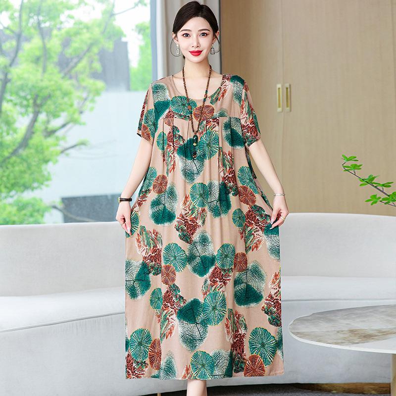 Cotton Silk Dress Women's Summer Large Size Temperament Loose Printing Casual Cotton and Linen Long Skirt