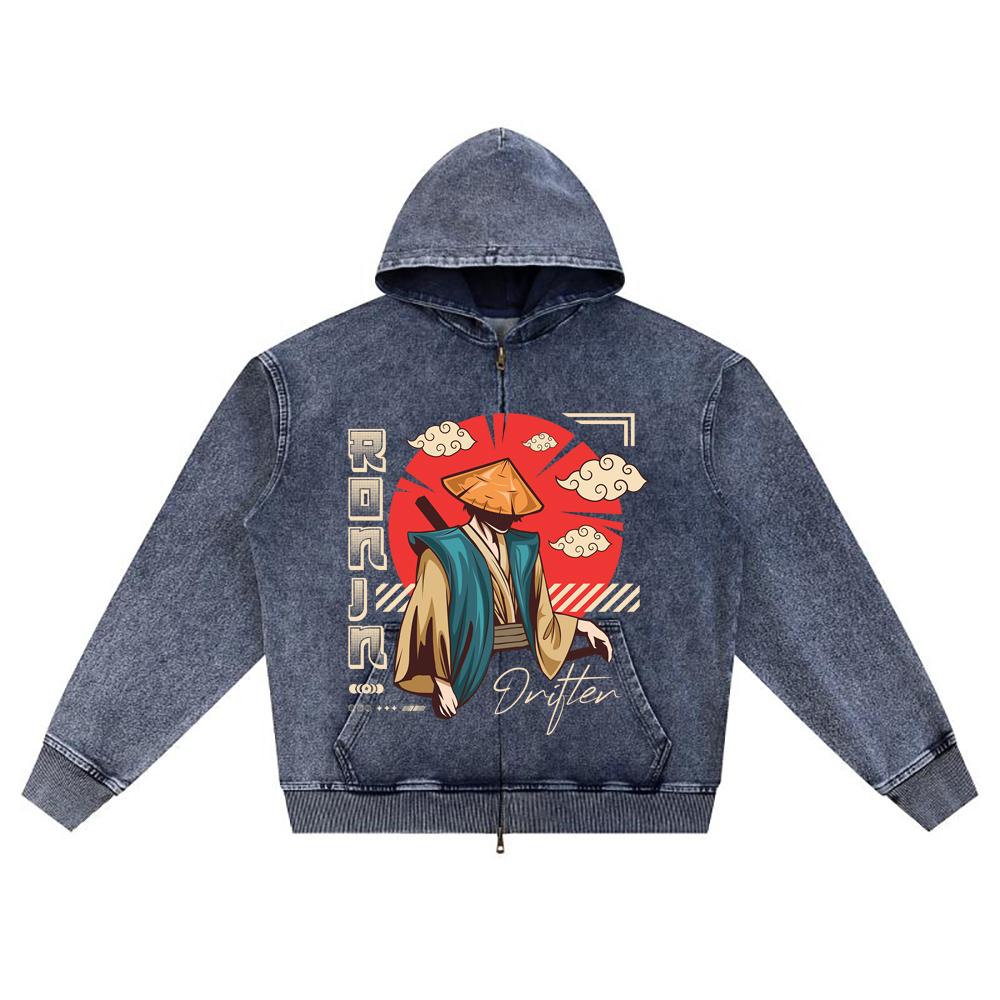 DTG Print Knitted Denim Zip-Up Hoodie Japanese_streetwear 8 Brother Print Zipper Hoodies  