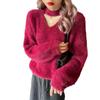 New Autumn and Winter V-neck Halterneck Sweater for Women Imitation Mink Velvet Lazy Style Loose Outer Knitted Sweater Top for Women