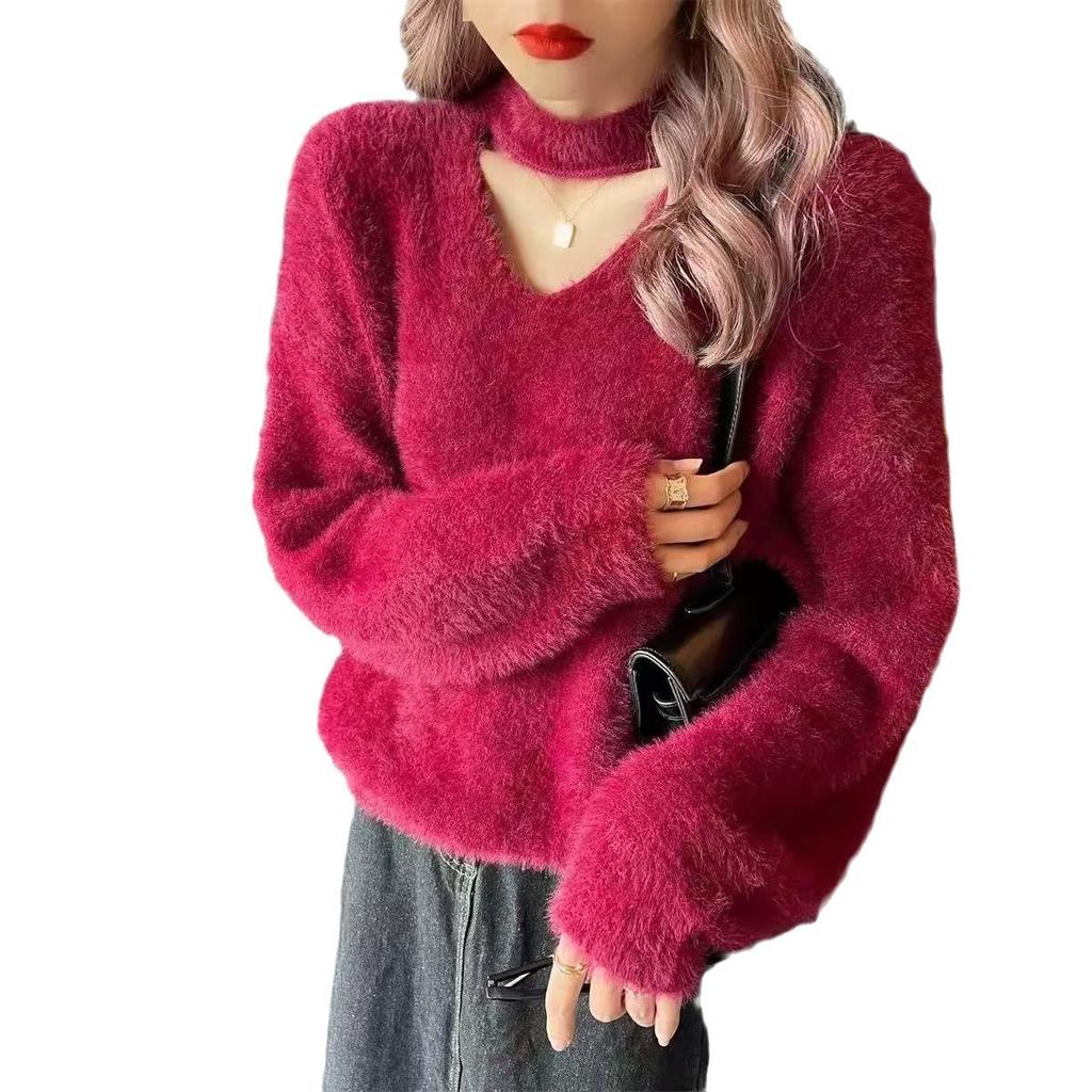 New Autumn and Winter V-neck Halterneck Sweater for Women Imitation Mink Velvet Lazy Style Loose Outer Knitted Sweater Top for Women