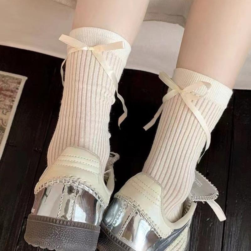 Autumn Ribbon Bow Socks, Women's Ballet-style Calf Socks, Sweet Pile Socks, College Style Thigh-high Socks