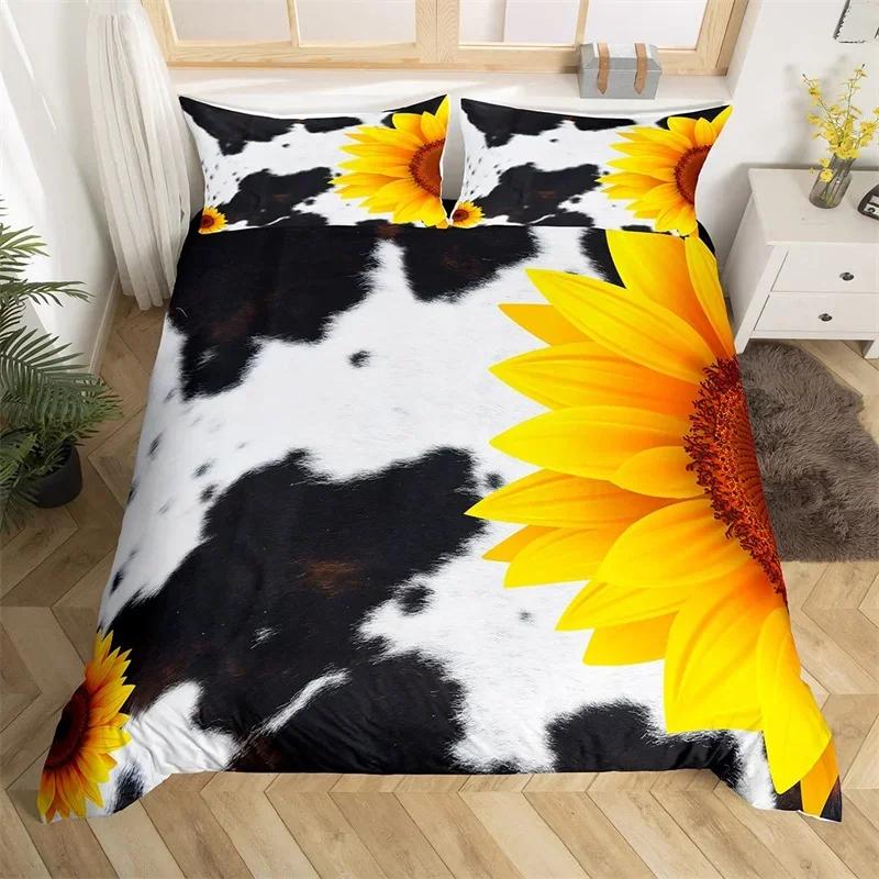 Comforter Sunflower Highland Cow Western Farm Animal Bedding Set Cowhide Comforter Microfiber Twin King Queen Bedclothes