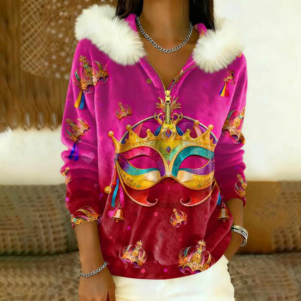 Damen Lockerer Und Bequemer Lässiger Mode Halb-Reißverschluss Kapuzenpullover Langarm Karnevals-Print Oberteil