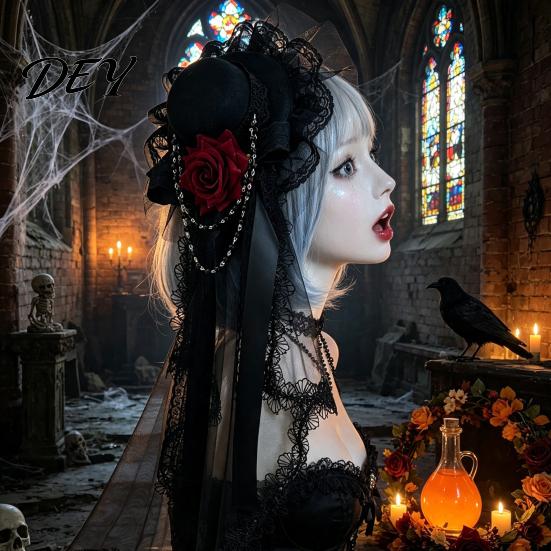 Comic Exhibition Headdress Gothic Halloween with Rose And Chain Decoration, Mini Bowler Hat, Headpiece Retro Small Top Hat Hair Clip for Party Cosplay