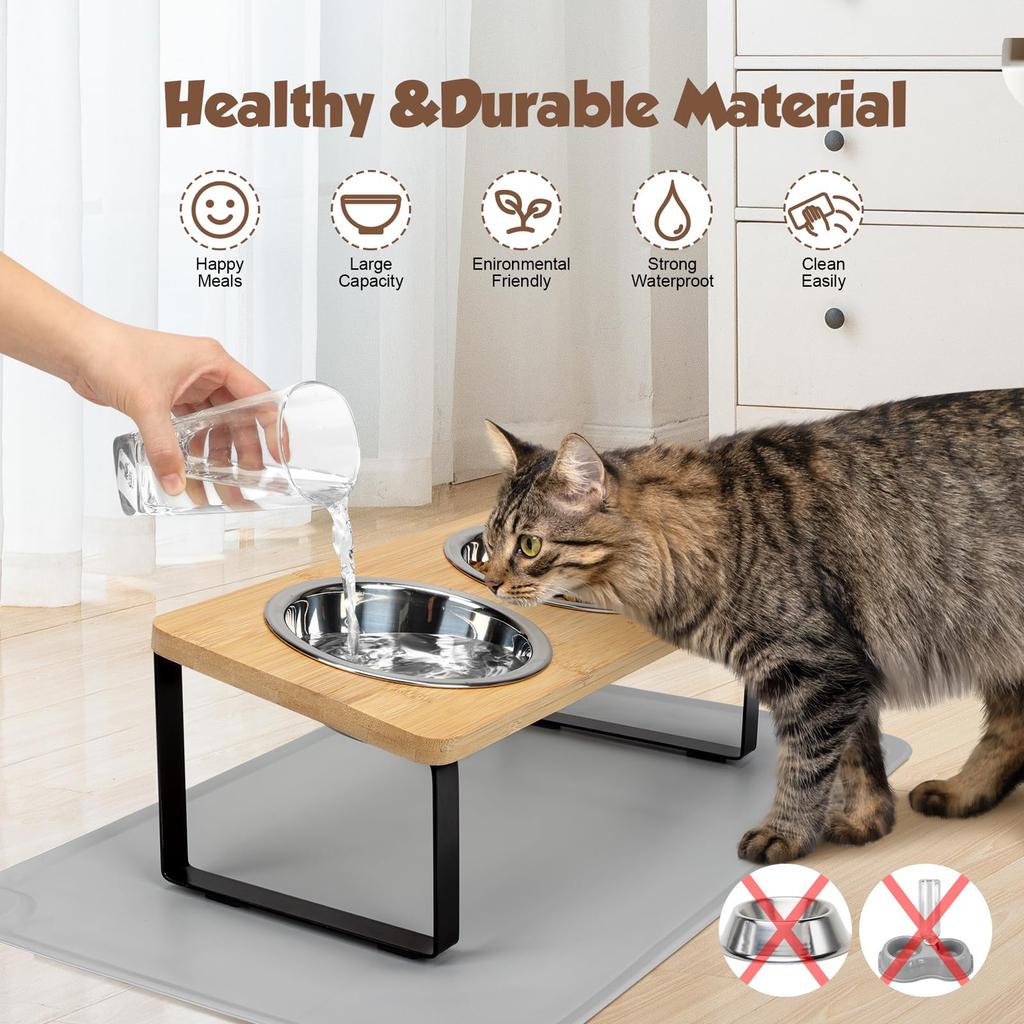 Elevated Cat Bowls with Food Mat 15° Tilted Stand Raised Cat Dishes for Food and Water Feeder 2 Stainless Steel Bowls for Cats