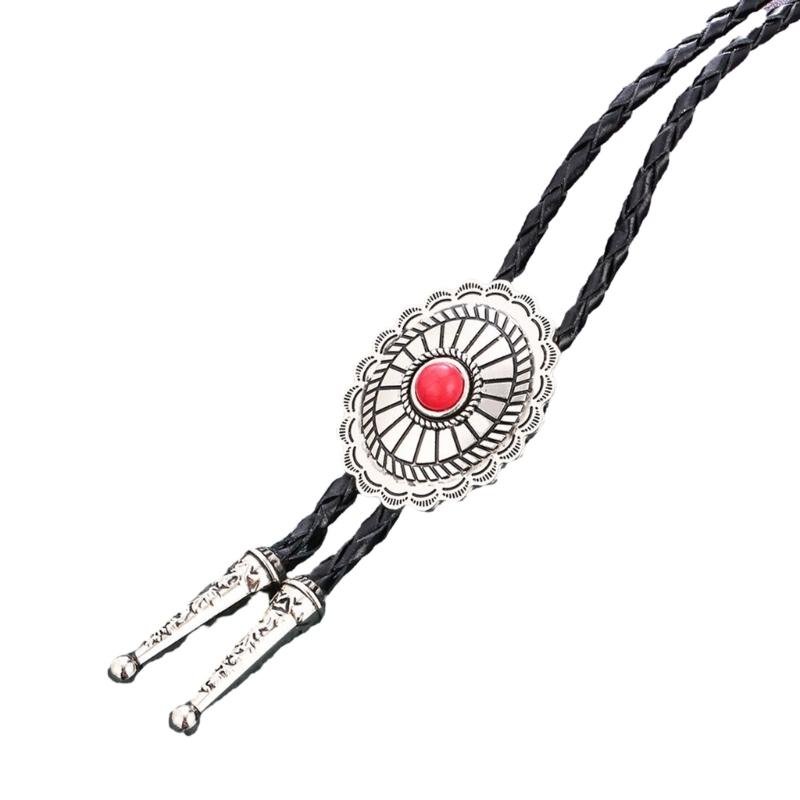 

Mens Bolo Tie Necktie Vintage Leather Braided Rope Necklace with Metal Wolf Head Stone Pendant Jewelry Cowboy Necktie