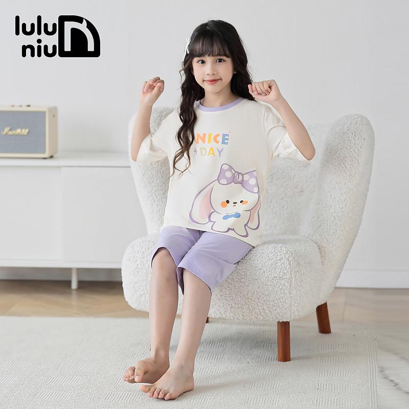 Girls' Summer Cotton Pajama Set - Short Sleeve, Lightweight, for Middle and Big Children, 2024 New Style