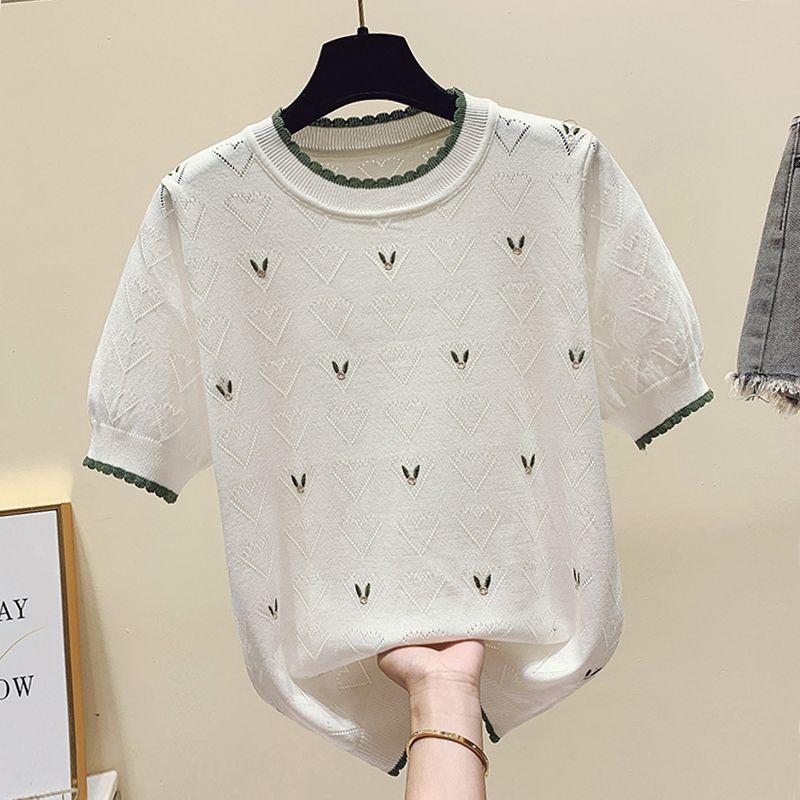 

Plus Size Women s Clothing 2025 Summer New Arrival Chubby Girl Cut Out Embroider Fresh Thin Ice Silk Knitted Short Sleeve Tops Fashion White M [40.00 kg-50.00 kg]]