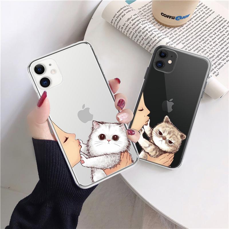 Cute Cat Phone Case For iPhone 13 12 11 Pro Max X XR XS Max 7 8 6 6s Plus 12 13 Mini 5 5S SE2020 Soft TPU Transparent Back Cover