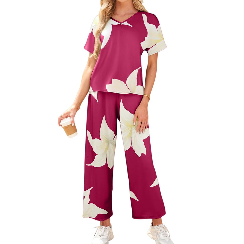 Women's Casual Vacation V-Neck Sleeve Top And Trousers Fashion Print Two Piece Set