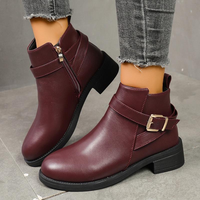 Supply Women's Round Head Low Heel Short Boots Belt Buckle Knight Boots