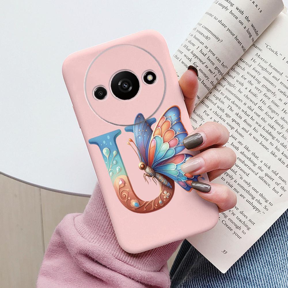 Handyhülle für Xiaomi Redmi A3 4G A3x Rosa Buchstabe Blume Schmetterling Stoßfest Weiches Silikon Cover Kameraschutz TPU Fundas