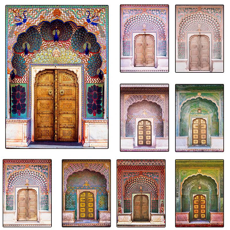 India Jaipur Lotus Gate Door Colorful Posters and Prints Canvas Printing Vintage Wall Art Picture for Living Room Home Decor