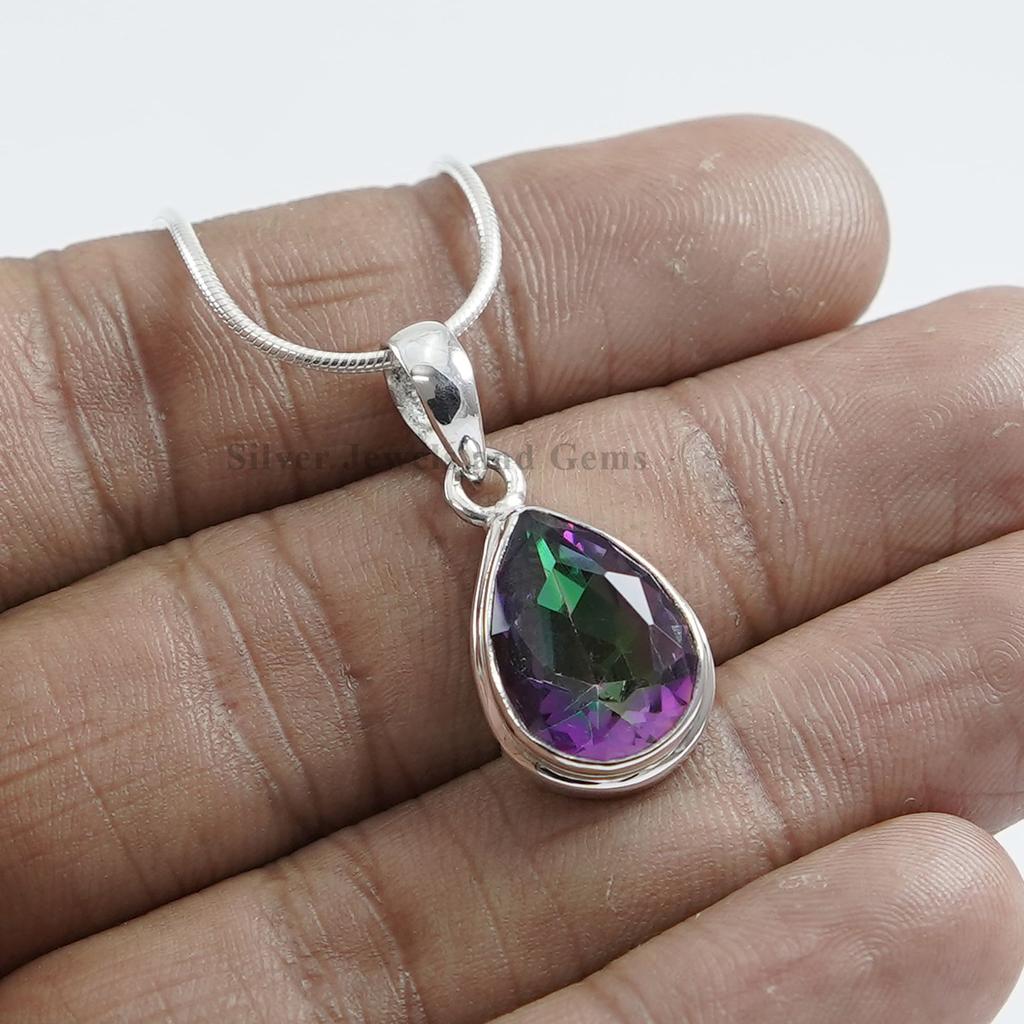 Teardrop Mystic Topaz Pendant: Handmade 925 Sterling Silver Necklace