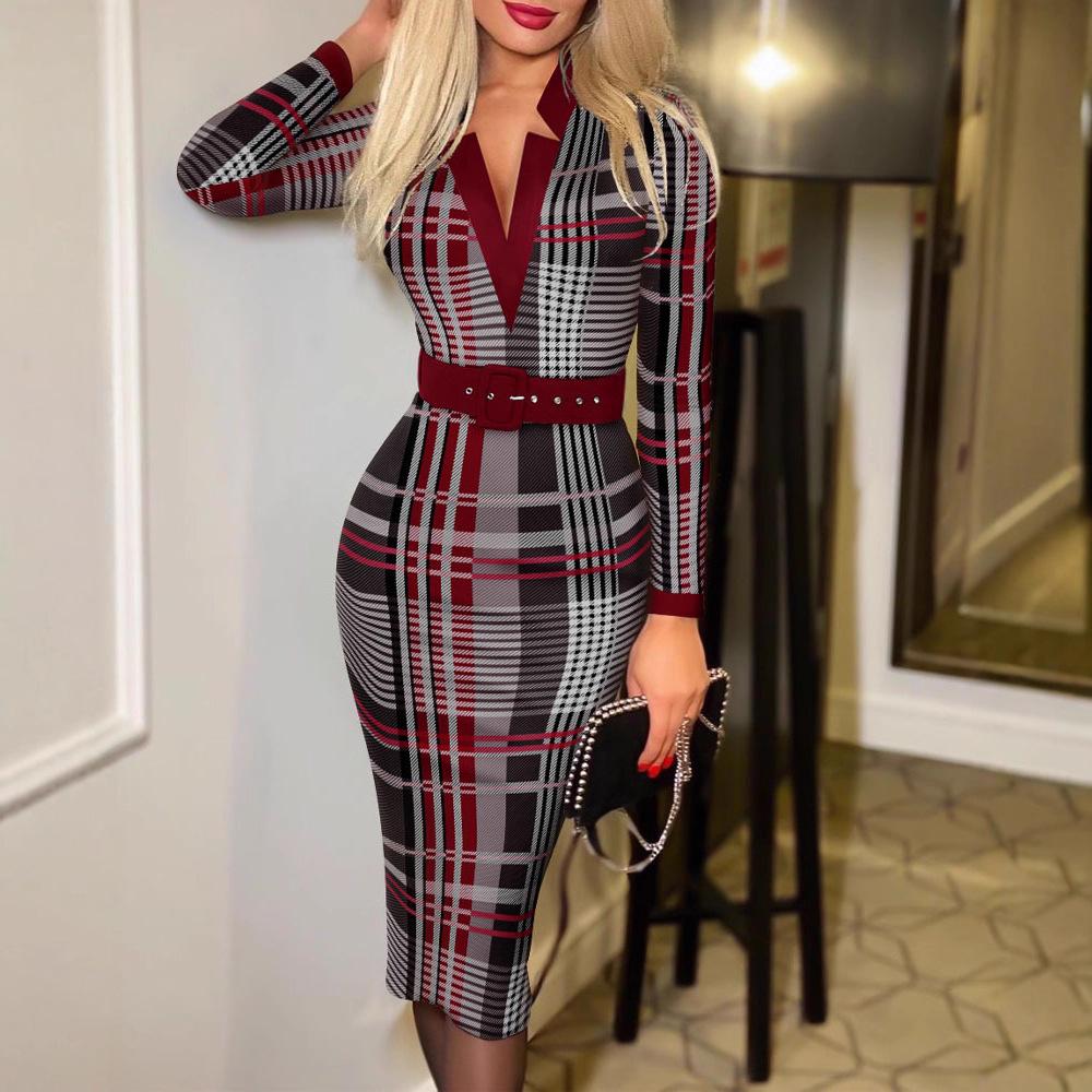 2025 European Autumn/Winter V-Neck Long Sleeve Printed Sexy Dress for Women