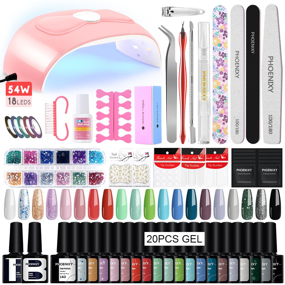PHOENIXY Nail Gel Kit Polish Gel 54W UV Nail Light Nail Decoration Tools Colors Varnish Gel Top Base Coat Manicure Set
