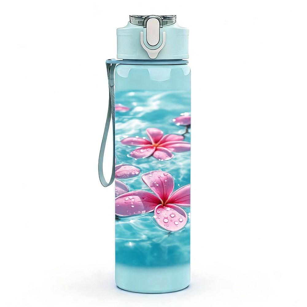 1PC Lotus Flower Water Pond Print 750ml Color Plastic Sports Water Bottle Leakproof Flip Straw Lid Suitable for Sports Office Home Use
