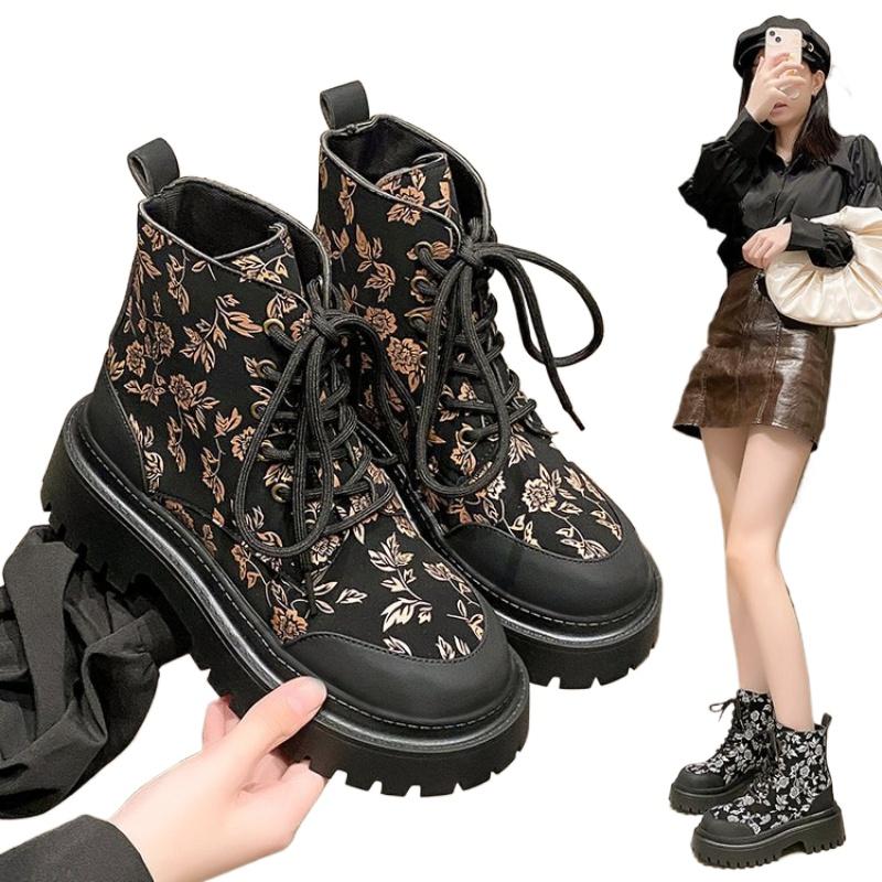 SyfIyno autumn and winter new printed fashion women's boots with lace up round toe thick soled short boots plus size 35-42