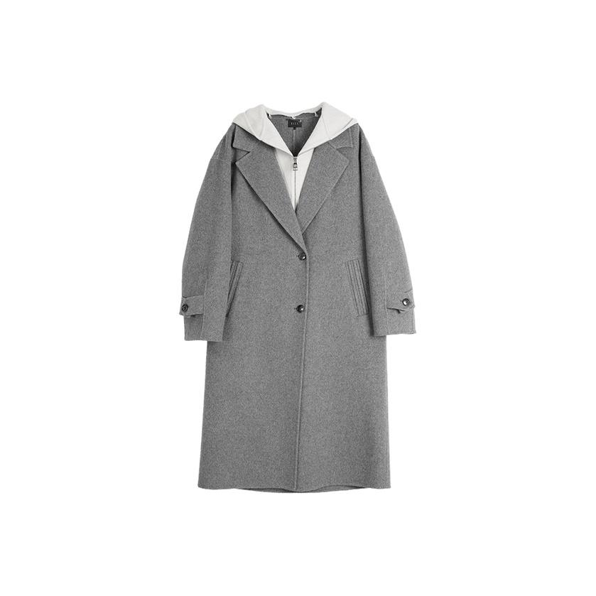 ELLE French Style Single-Breasted Faux Two-Piece Fashion Design Casual Loose Versatile Hooded Long Sleeve Double-Sided Wool Coat Soft Overcoat EN49415