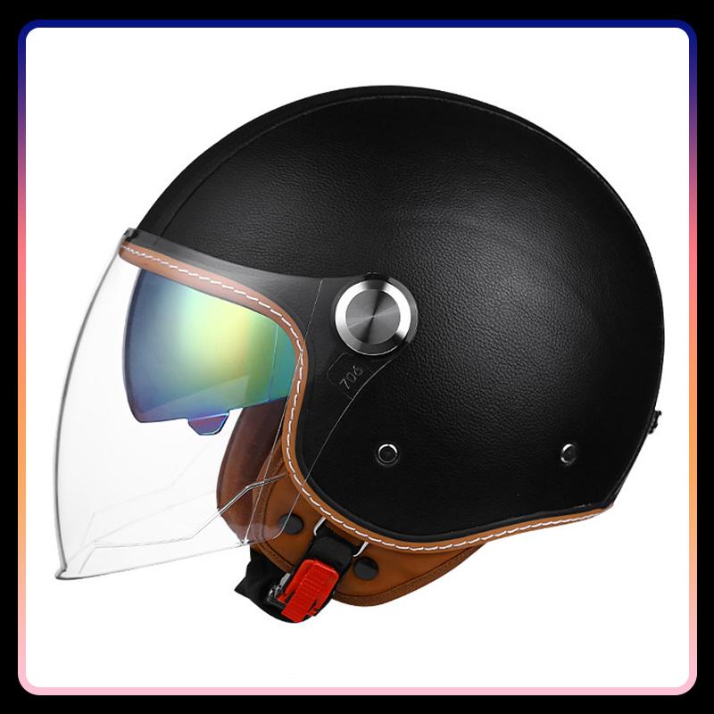 

Мотоциклетные шлемы с открытым лицом и двумя линзами, кожаный ретро 3/4 шлем-джет для мотоцикла с двойным визором, безопасный для езды, 3/4 полушлем DOT XL