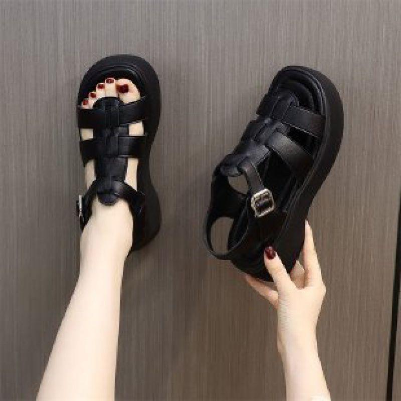 

One-word buckle open-toed sandals rubber middle heel (3-5 cool slippers women s single shoes leather shoes women s casual sports women s shoes 40 чёрный
