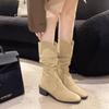Retro suede pile boots women's 2024 summer new V-mouth embroidery thin thick heel cowboy boots medium tube fashion boots