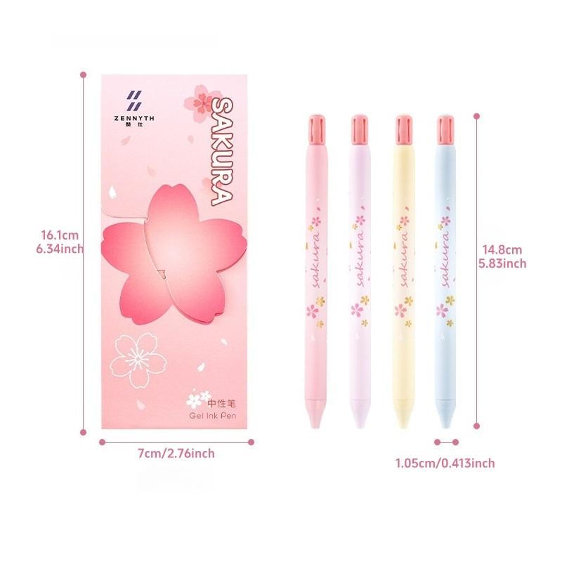 4pcs Sakura Gel Ink Pens Set Cherry Blossom Flower Print 0.5mm Ballpoint Black Color Ink Quick Dry Smooth Writing