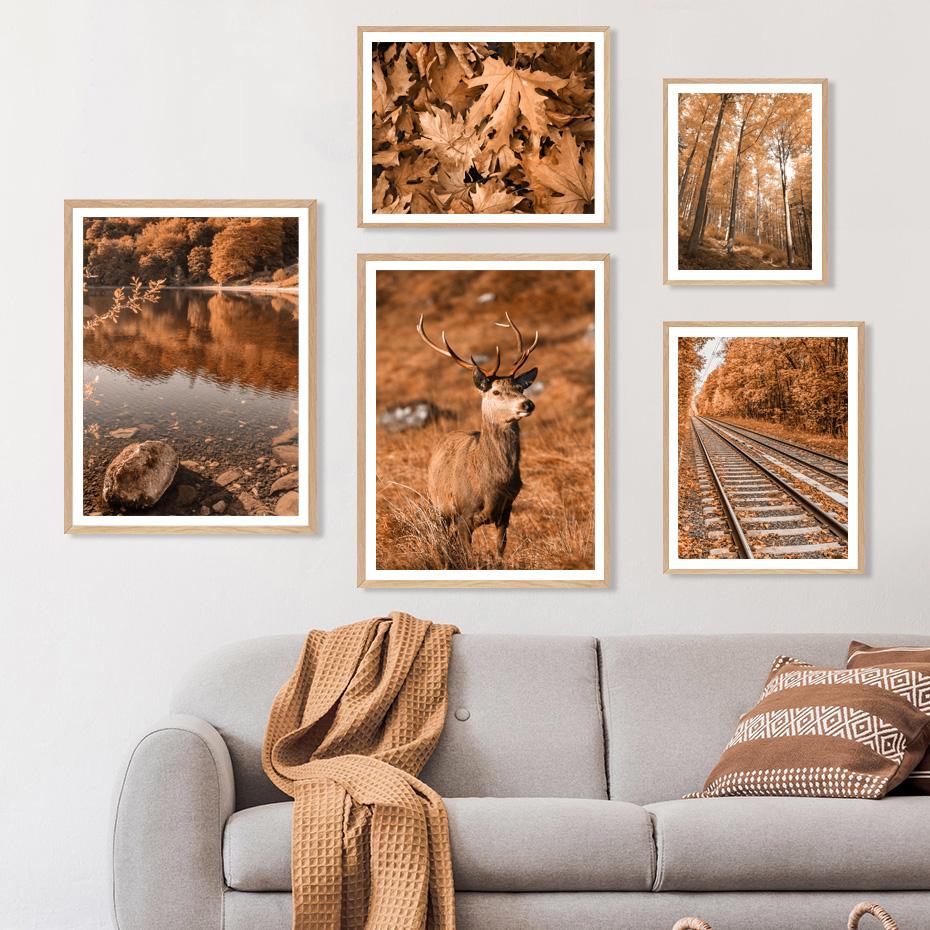 Autumn Mountain Road Lake Deer Forest Leaves Wall Art Print Canvas Painting Nordic Poster Wall Pictures For Living Room Decor