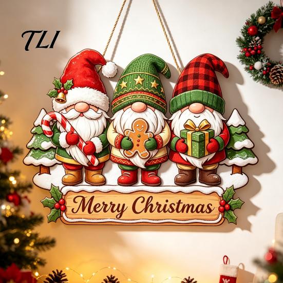 Holiday Atmosphere Wood Plaque Christmas Gnome Wooden Hanging Pendant, Cartoon Ornament, Merry Red And Green Sign Door for Home Shop Party Decoration