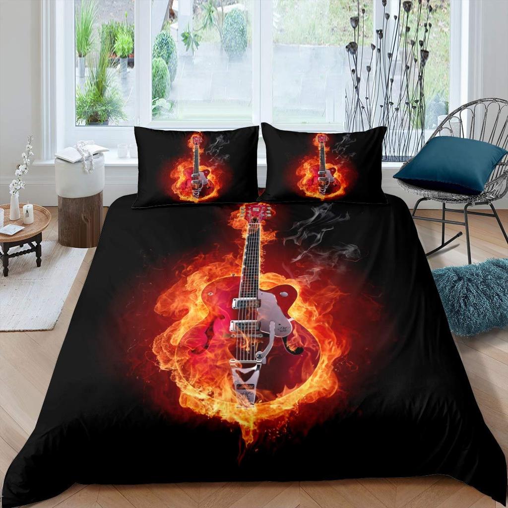 Electric Guitar King Queen Duvet Cover Stringed Instrument Bedding Set Musical Note Quilt Cover Hippie Polyester Comforter Cover