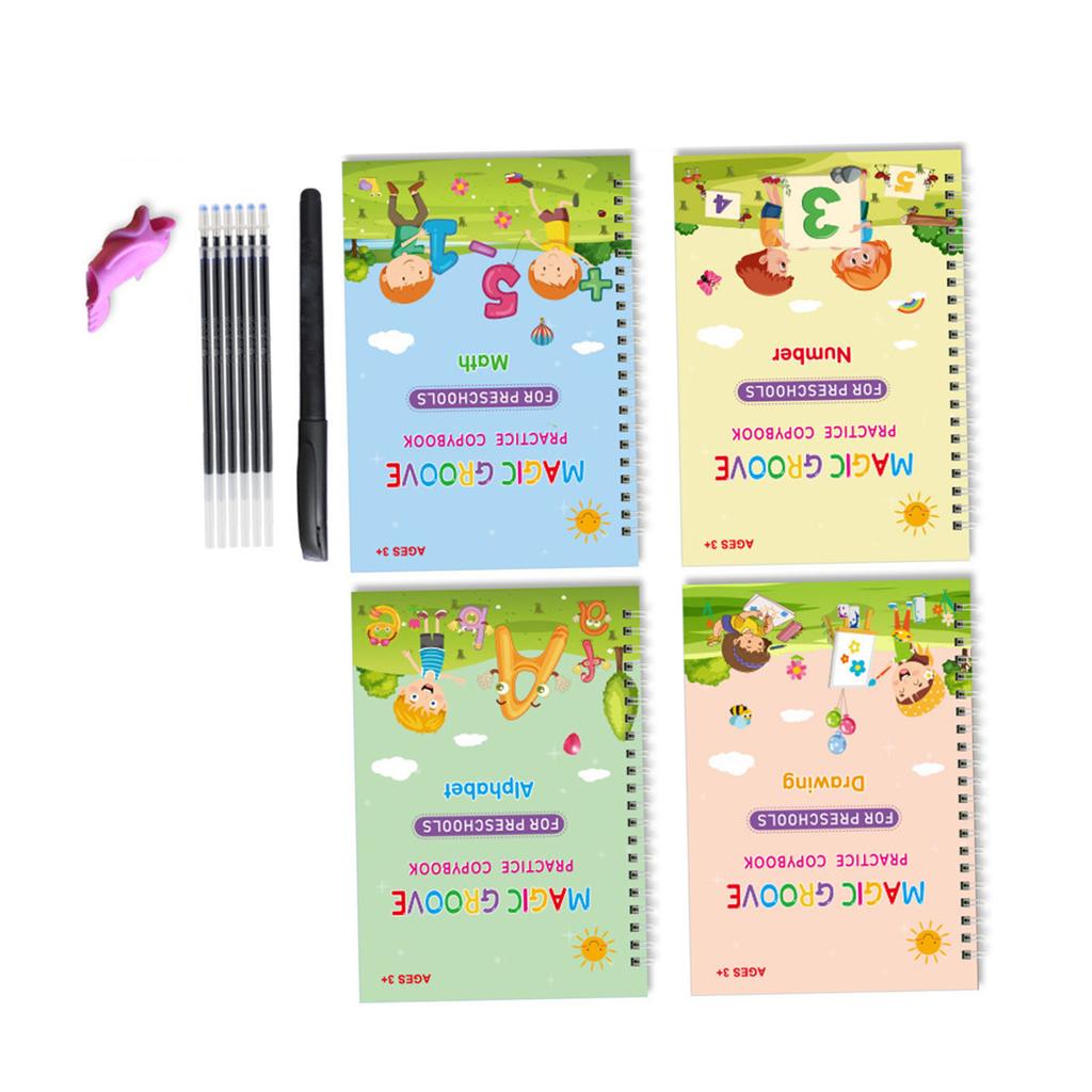 Reusable Handwriting Practice Book Copybook for Kids Reusable Writing Practice Notebook with Fading Ink Pen Grip Helper Spiral Binding for 3-8 Years O