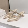 Fashion Luxury Silver Crystal Slip On Mules Women 2025 Summer Sexy Pointed Toe Medium Heel Sandals Fashion Back Strap Dress Party Shoes