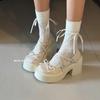 Skinny Thick-soled Taller Small Thick-heeled Bow Mary Jane Small Leather Shoes Women's Spring and Summer Women's Shoes