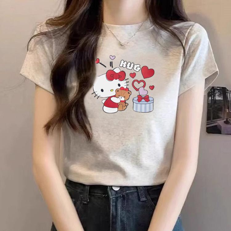New White Gray Round Neck Front Shoulder Short Sleeve T-shirt Women's American Cartoon Kt Cat Print Pure Cotton Summer Top