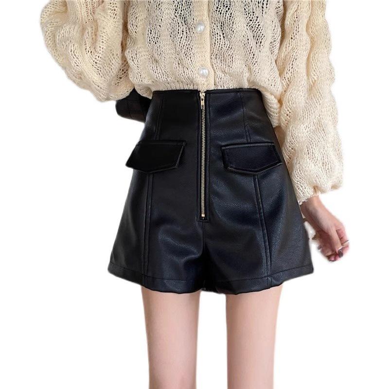High-Waisted PU Leather A-Line Shorts for Women - 2023 Fashionable Autumn/Winter Zipper Design, Korean Style Boot Shorts