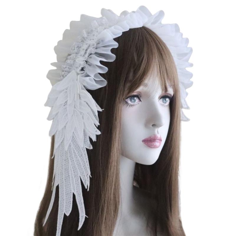 

White Lace Hairband with Angel Wing Elegant Theme Event Lace Ruffle Trim Headpiece For Parties And Cosplay Costume 1