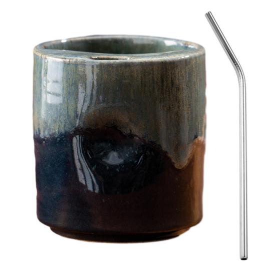Vintage Keramik-Kaffeebecher mit Strohhalm, Retro Handbemalte Gestreifte Zylinderbecher, Grobkeramik für Heiße Kalte Getränke