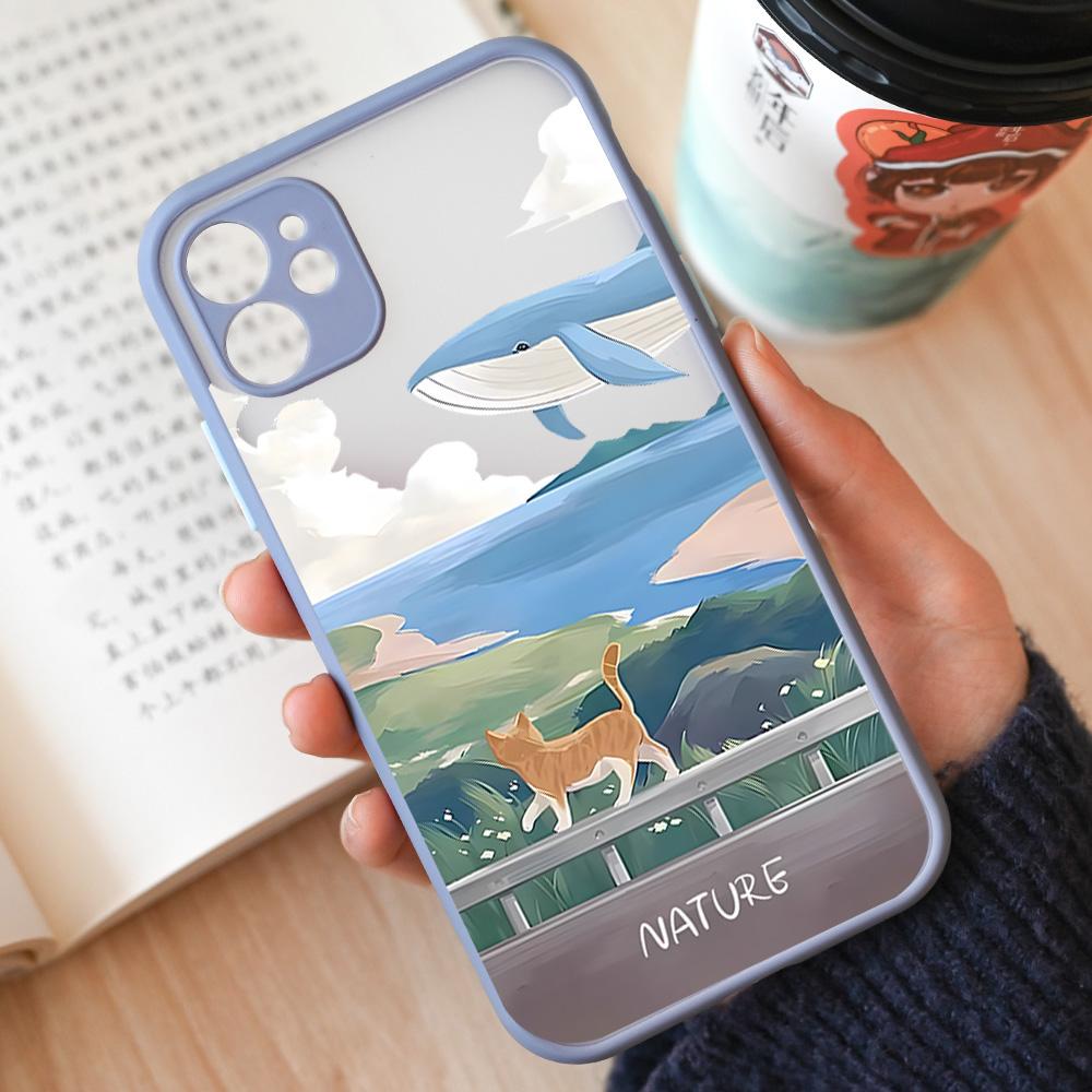 Cartoon Landscape Scenery Phone Case For iPhone 15 14 12 11 13 Pro XS Max 13Mini XR X 8 14Plus SE3 Matte Hard Cover Shell Fundas
