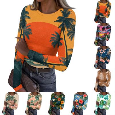 Women's Casual Fashion Round Neck Hawaiian Print Long Sleeve Ribbed Top