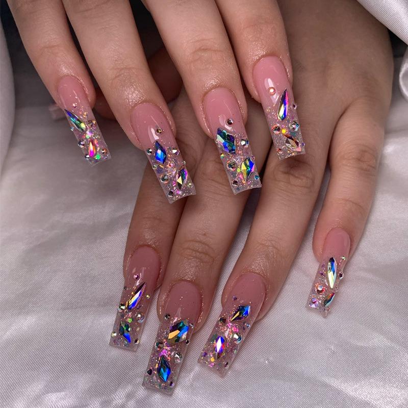 Noste Dlouhý Francouzský Ručně Dělaný Manikúrní Kousek Kamínkový Postupný Přechod Odnímatelná Nálepka na Nehty