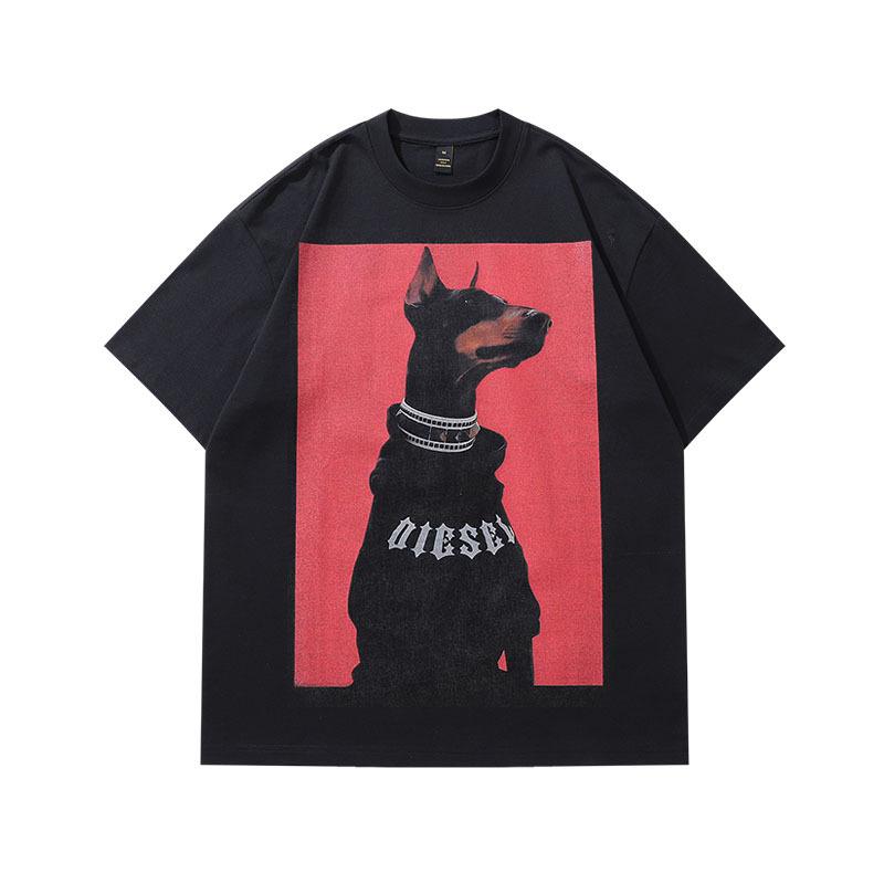 American High Street Doberman Gangster Printed Washed Old Short Sleeve T-Shirt Men'S And Women'S Vintage Vintage Half Sleeve