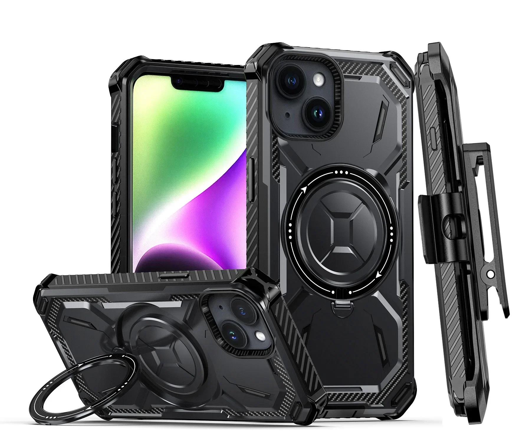 

Для iPhone 16 15 14 Plus 13 12 11 Pro Max Armor Rugged For MagSafe Магнитный чехол для телефона с держателем кольца и зажимом для ремня iPhone 16 Plus