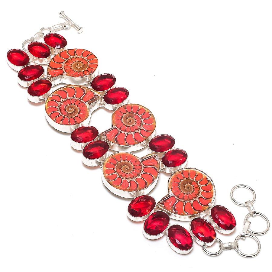 

Ammonite Fossil, Garnet Gemstone Handmade 925 Sterling Silver Bracelet 7-8 g2I04