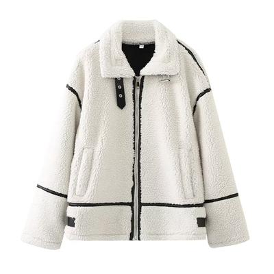 Sonbahar ve Kış Kadın Peluş Mont Moda Bej Gevşek Sıcak Mont Rahat Mizaç Kaliteli Ceket