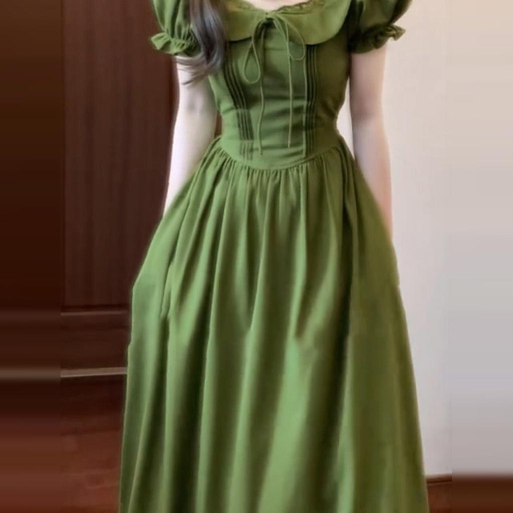French Retro Green Dress Children's Summer New Models Are Popular This Year, Small Temperament Pinched Waist Dress