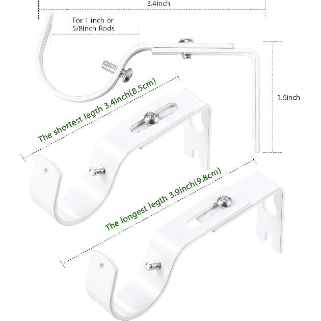 Frienda 4 Pcs Curtain Rod Support Brackets White Adjustable Curtain Rod Hangers for 1 Inch Diameter General Hardware Holders Wall Bracket Hanger