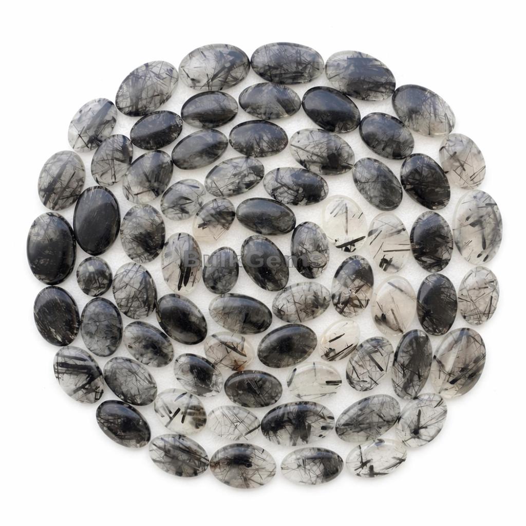 Black Rutile Oval Cut Quartz Cabochon – Handcrafted Gemstone Flat Back for Jewelry Making
